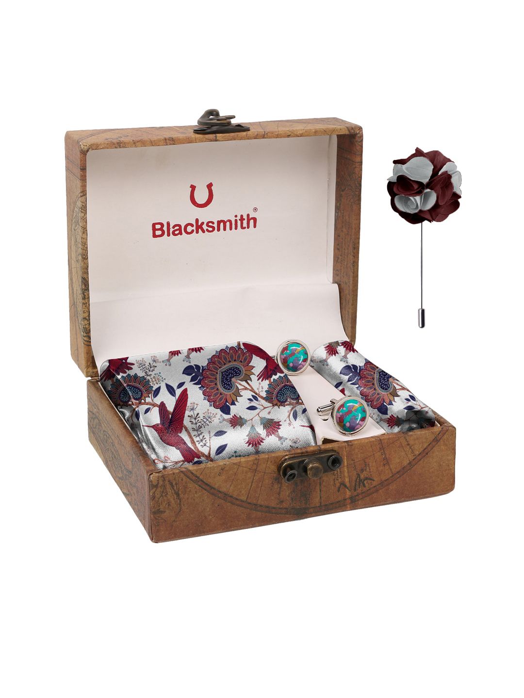 Blacksmith Men White & Red Printed Pure Satin Accessory Gift Set-picture-14