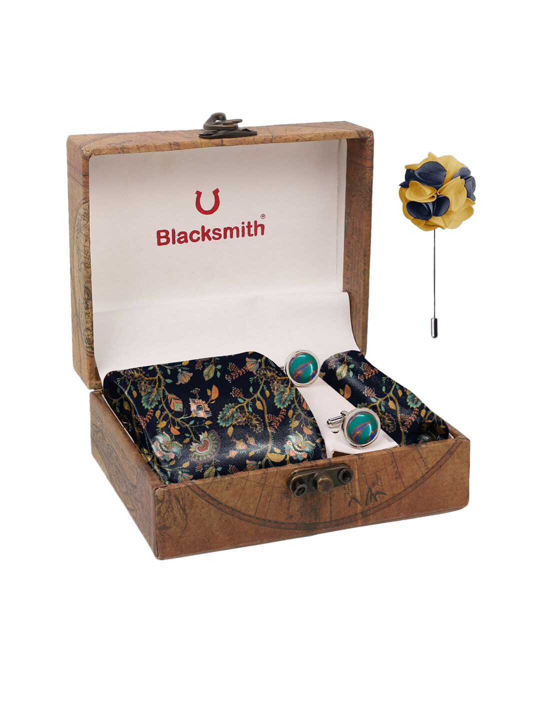 Blacksmith Men Navy Blue & Yellow Rose Flower Printed Pure Satin Accessory Gift Set-picture-13