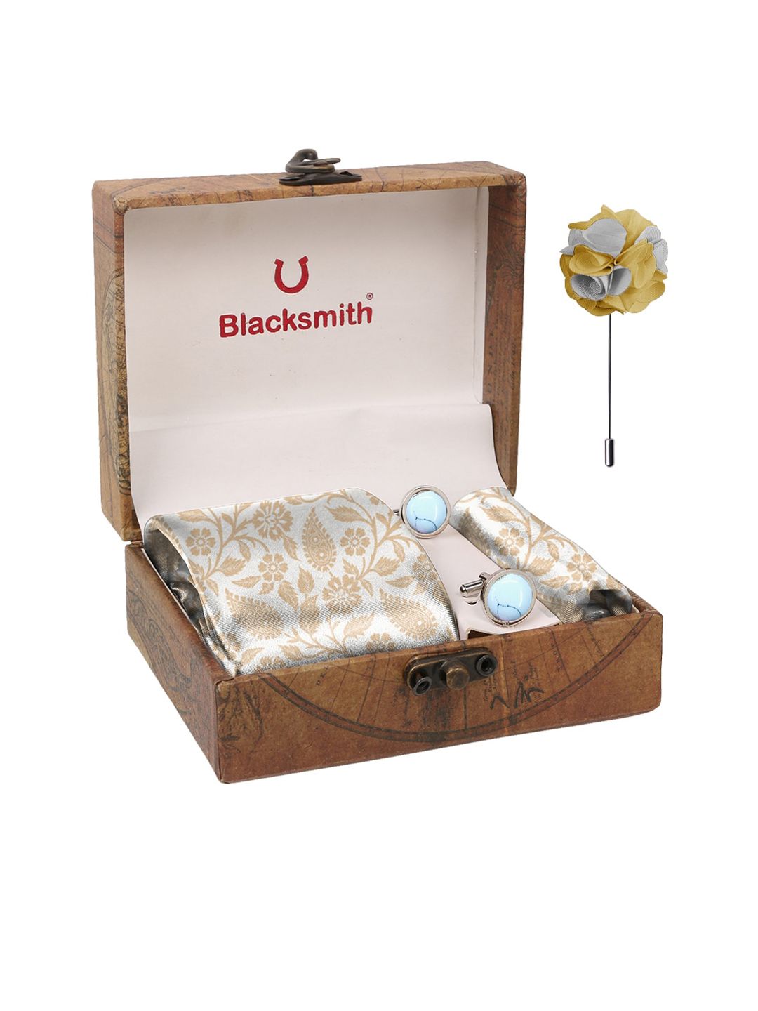 Blacksmith Men Grey & Beige Printed Pure Satin Accessory Gift Set-picture-16