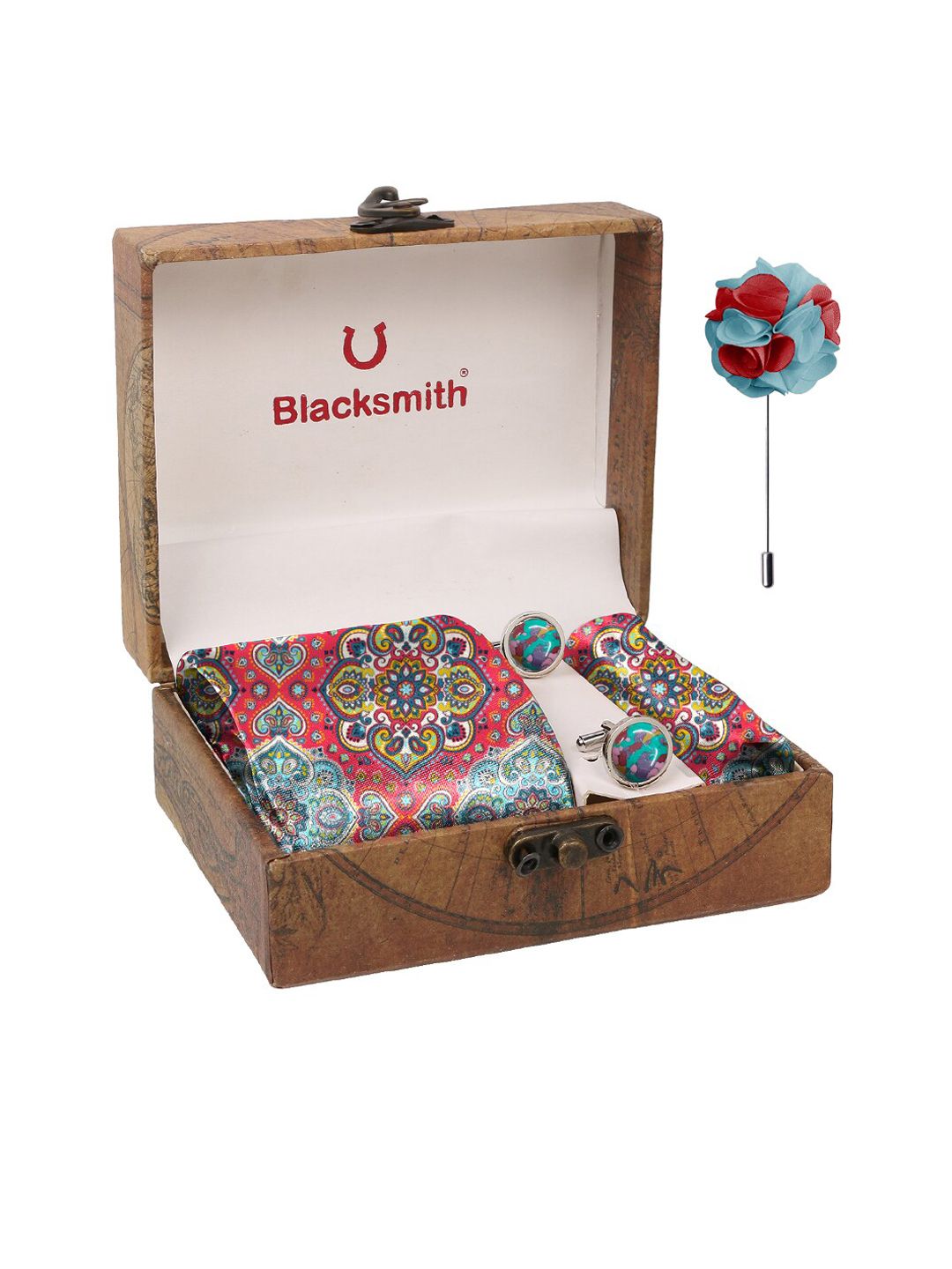 Blacksmith Men Red & Blue Printed Pure Satin Accessory Gift Set-picture-18