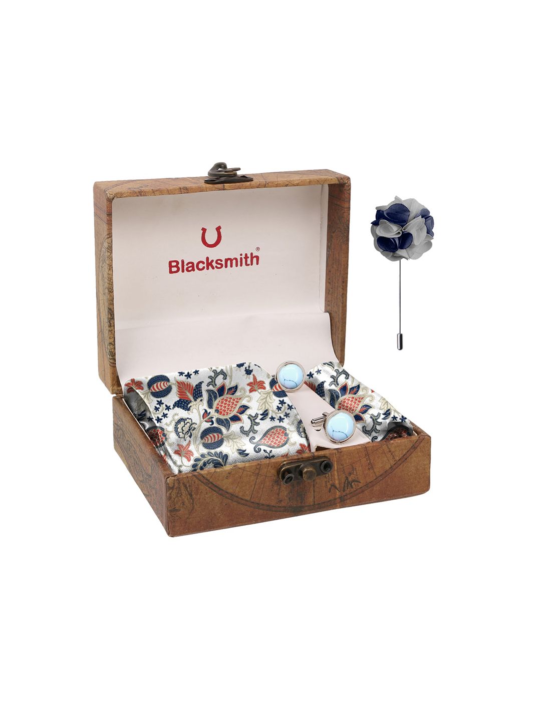 Blacksmith Men White & Orange Printed Pure Satin Accessory Gift Set-picture-15