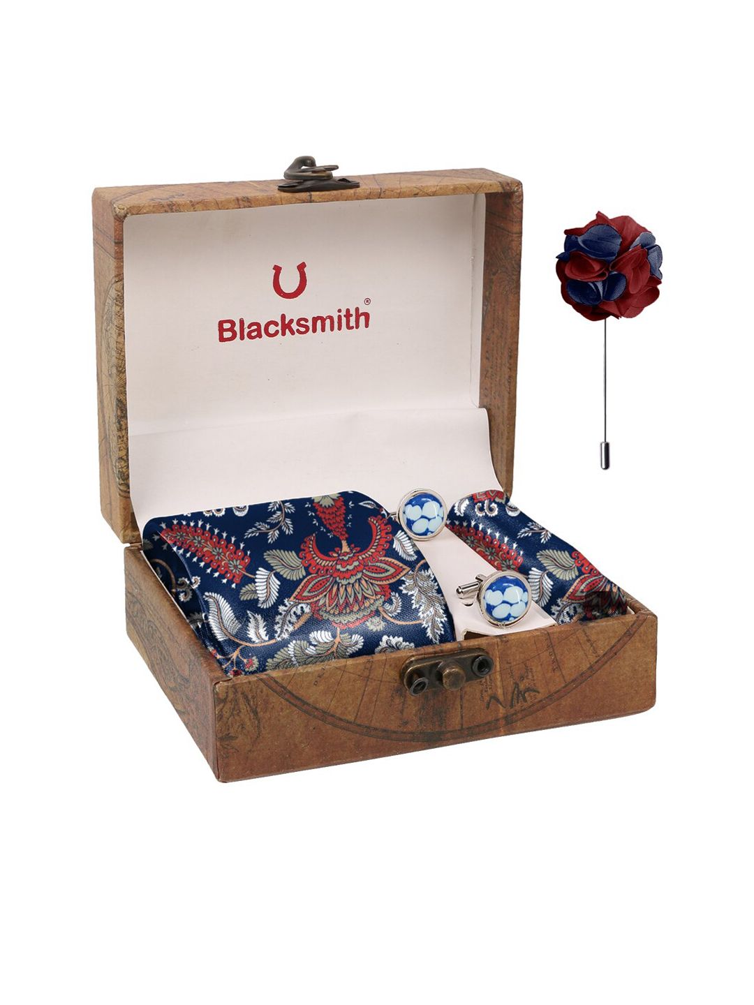 Blacksmith Men Blue & White Floral Printed Pure Satin Accessory Gift Set-picture-14