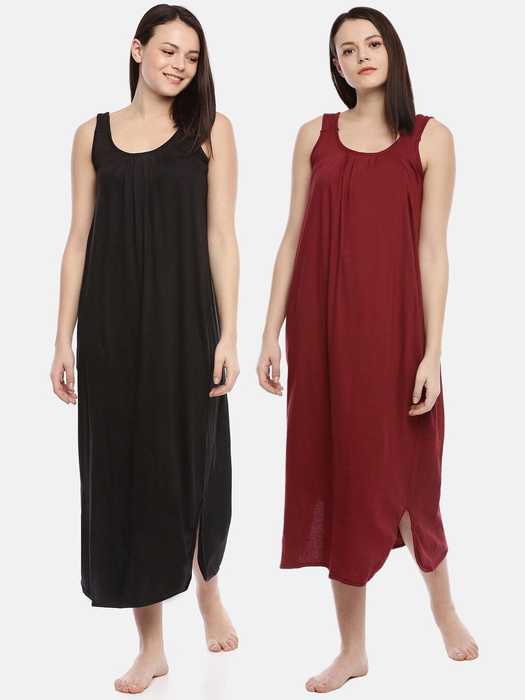 GOLDSTROMS Women Pack Of 2 Black & Maroon Maxi Nightdresses-picture-27
