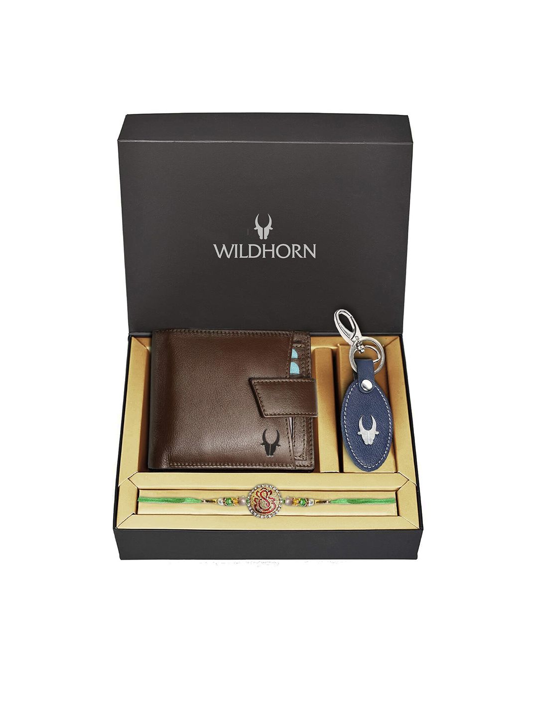 WildHorn Brown Leather Wallet and Blue Keychain with Rakhi Combo Gift Set-picture-20