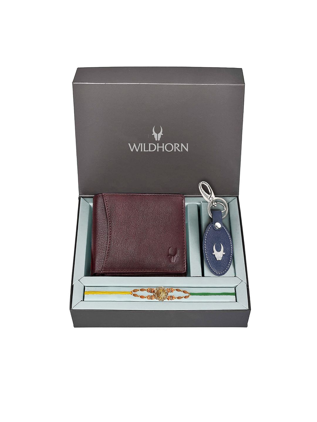 WildHorn Maroon Leather Wallet and Blue Keychain with Rakhi Combo Gift Set-image-32