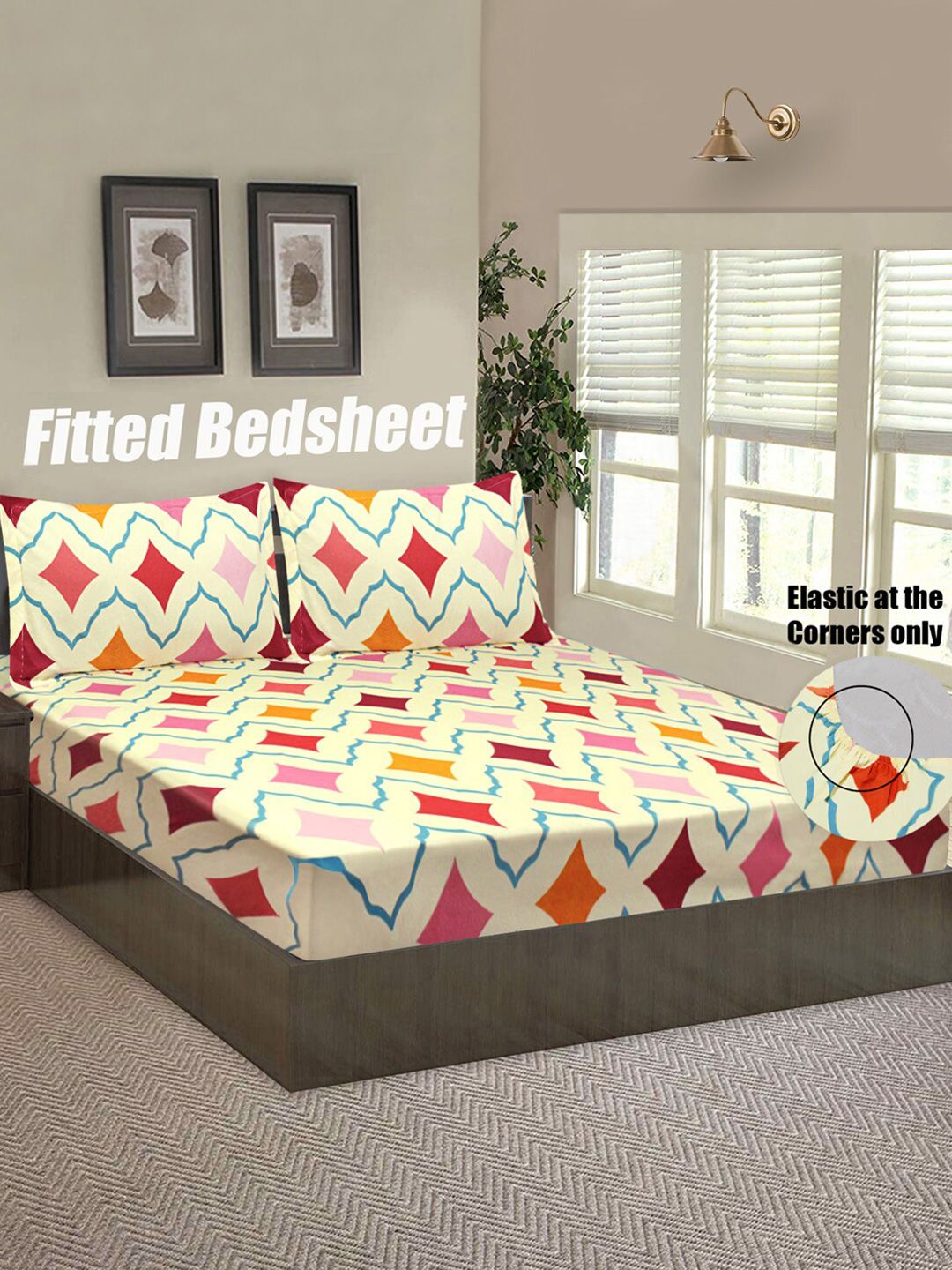 Good Homes by Home Candy Yellow & Pink Geometric 144 TC Queen Bedsheet with 2 Pillow Covers-image-4