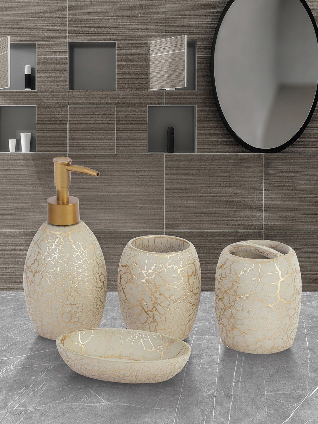 OBSESSIONS Set Of 4 Beige & Gold-Toned Printed Alvina Bathroom Accessories-image-12