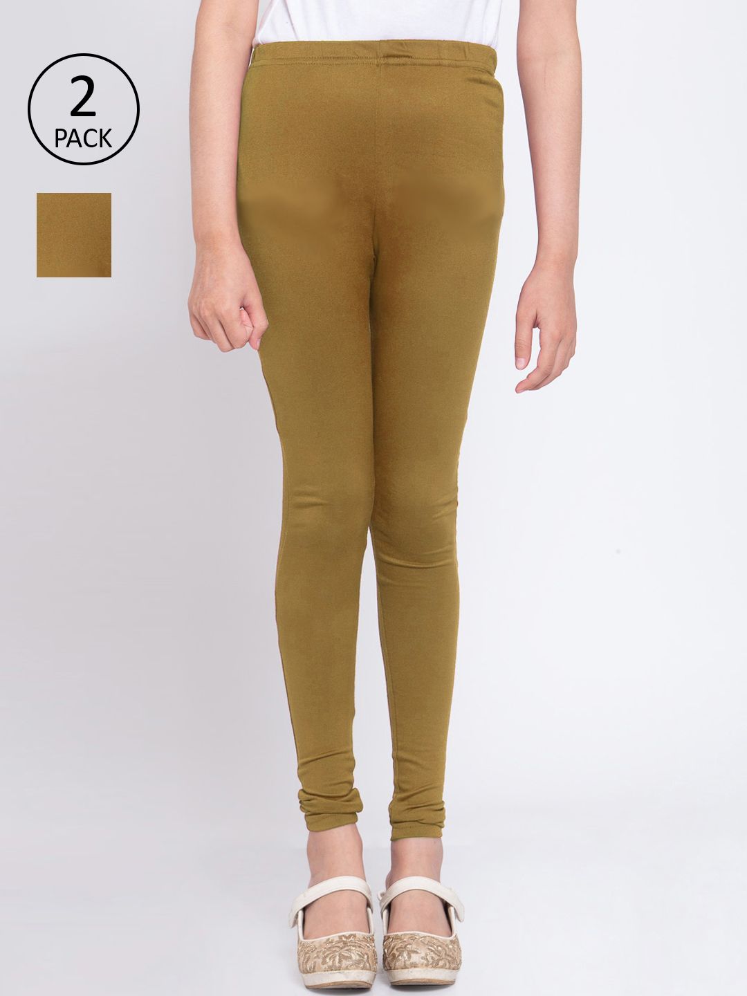 KLOTTHE Girls Pack Of 2 Olive-Green Solid Churidar Leggings-picture-16