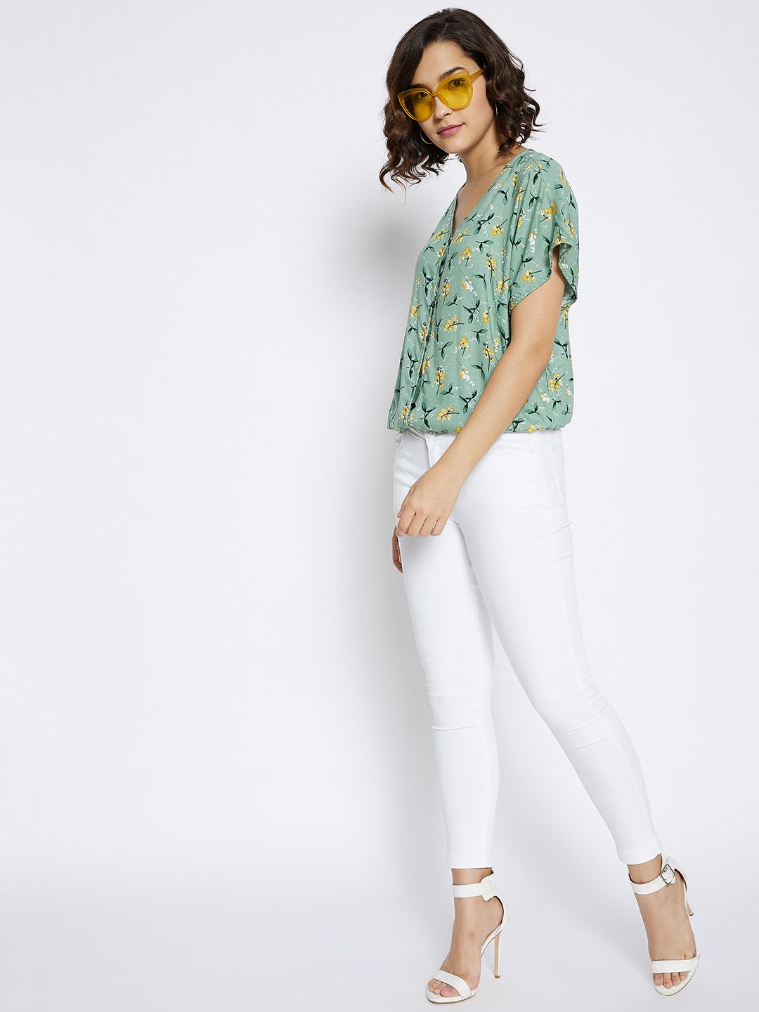 Crimsoune Club Green & Yellow Floral Extended Sleeves Regular Top