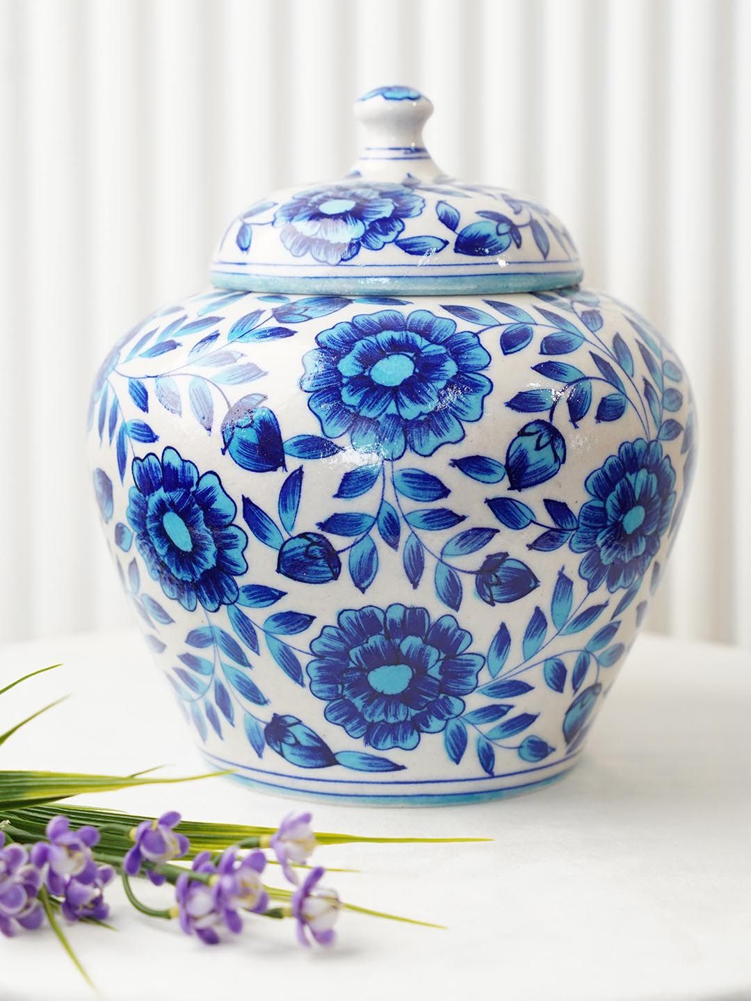 Folkstorys Blue & White Hydrangeas Handpainted Vase with Lid-picture-13