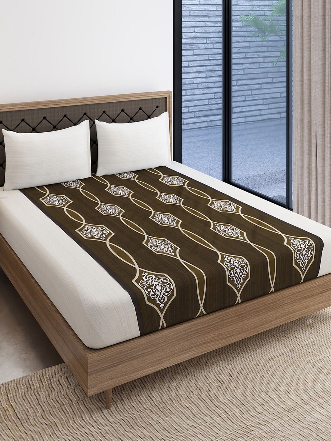 SWAYAM White & Coffee Brown Floral King Bedsheet with 2 Pillow Covers-picture-26