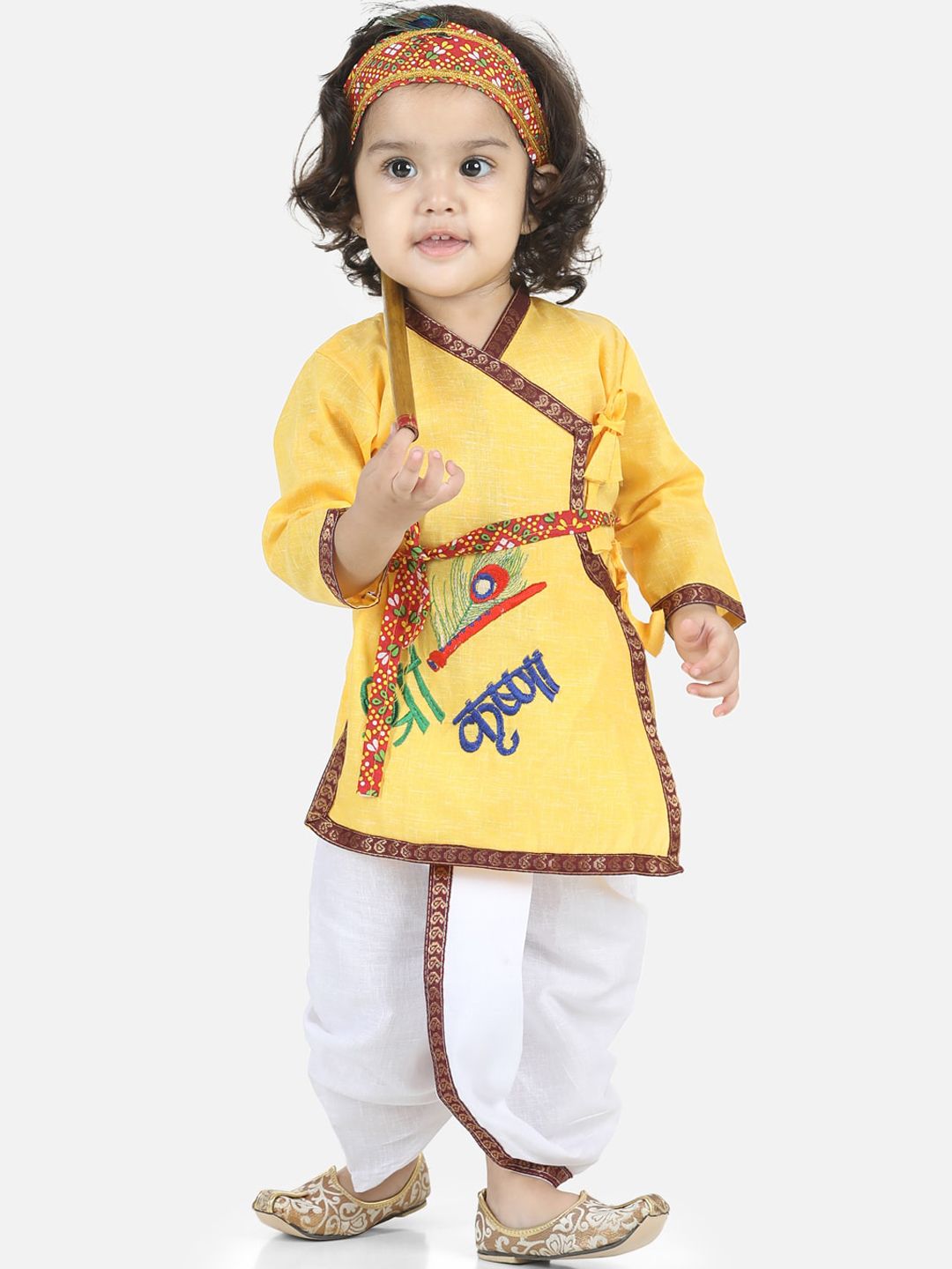 BownBee Boys Yellow & White Ethnic Motifs Pure Cotton Angrakha Kurta With Dhoti Pants-image-10