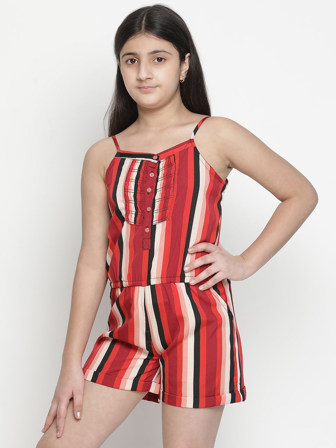Oxolloxo Girls Red & Black Striped Jumpsuit-picture-18