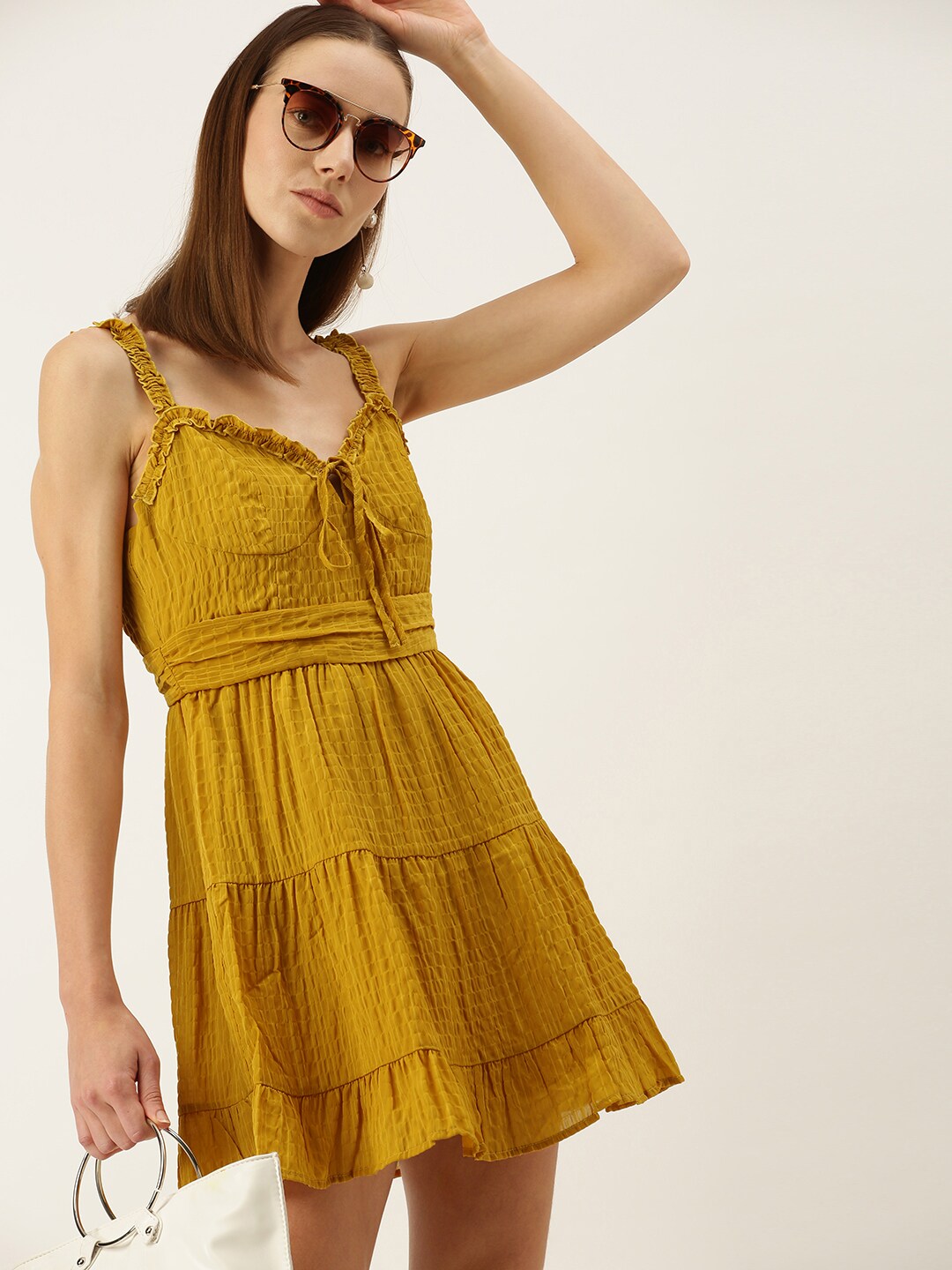 FOREVER 21 Mustard Yellow Checked Ruffle-Trim Tiered Mini Dress