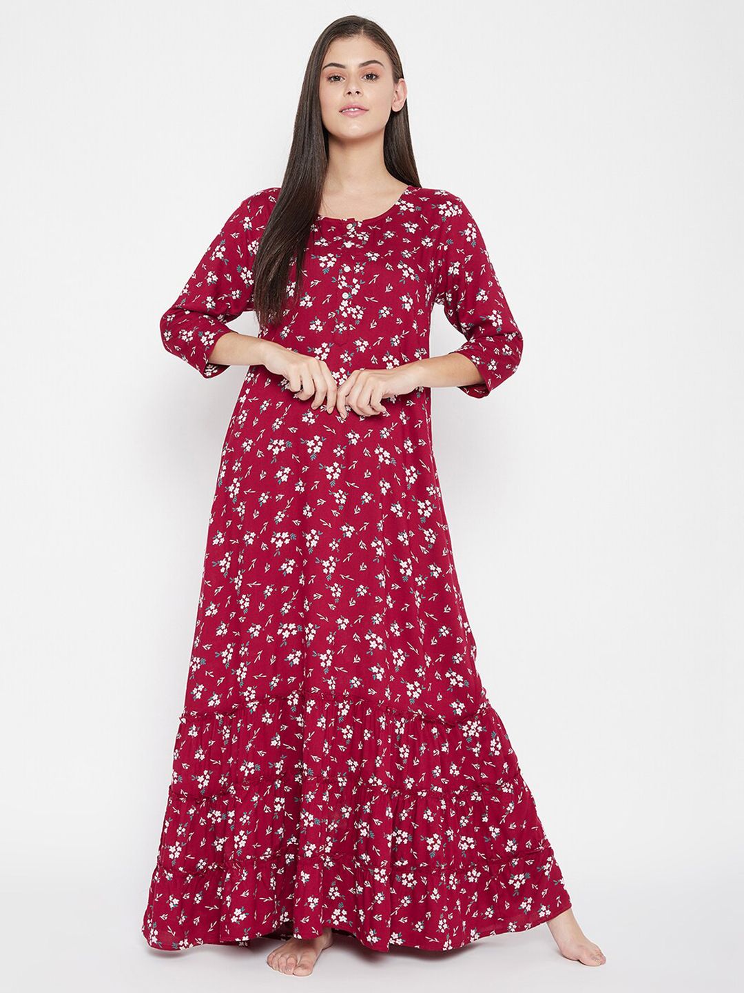 Clovia Women Maroon & White Printed Maxi Nightdress-image-39