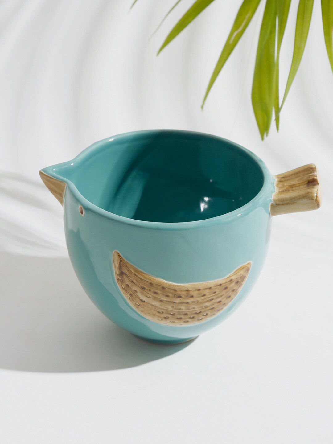 Fabindia Teal Blue & Brown Bird Embossed Small Ceramic Planter-image-2