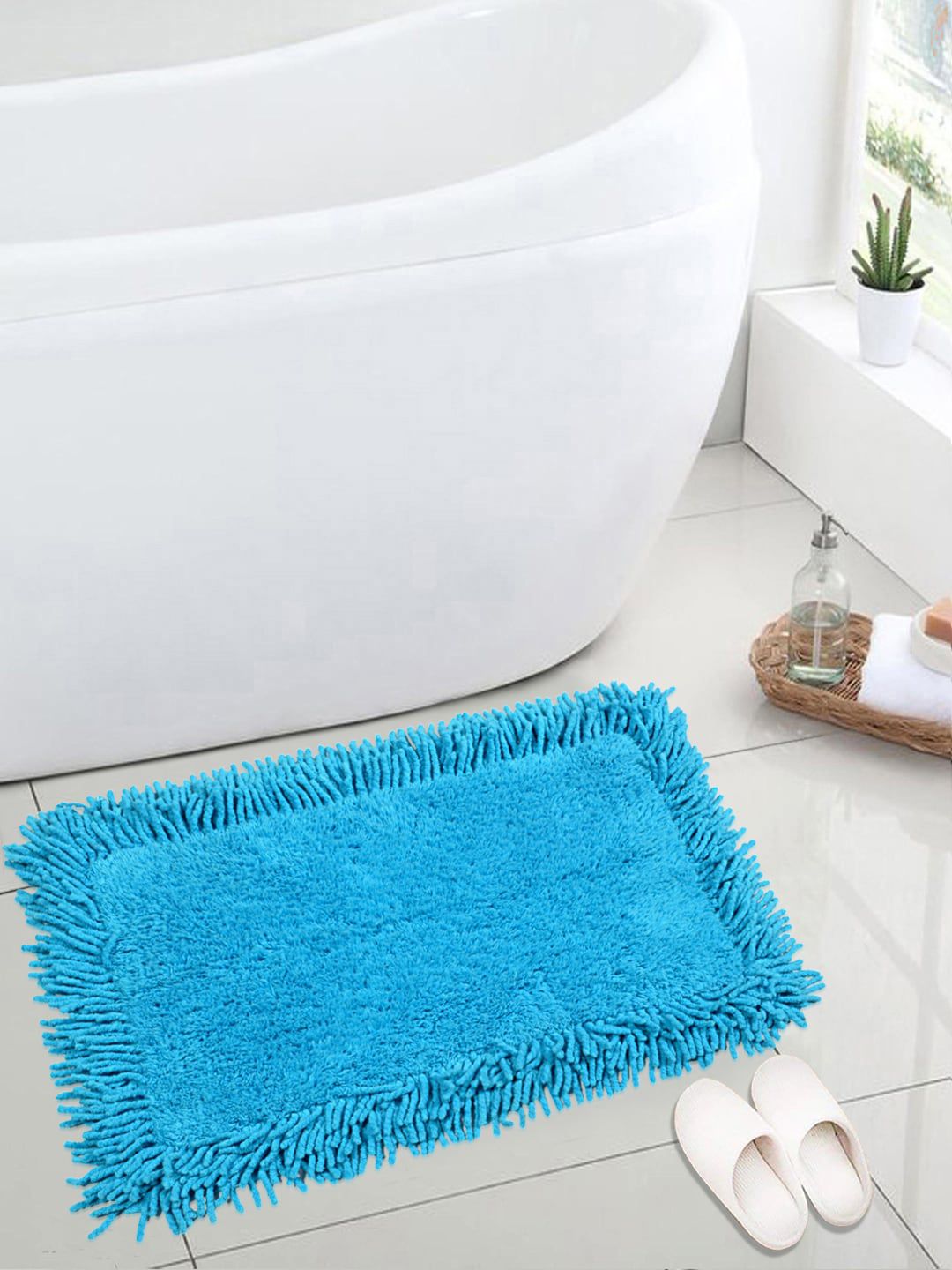 Saral Home Blue Solid Cotton Shaggy Bath Mat-picture-13