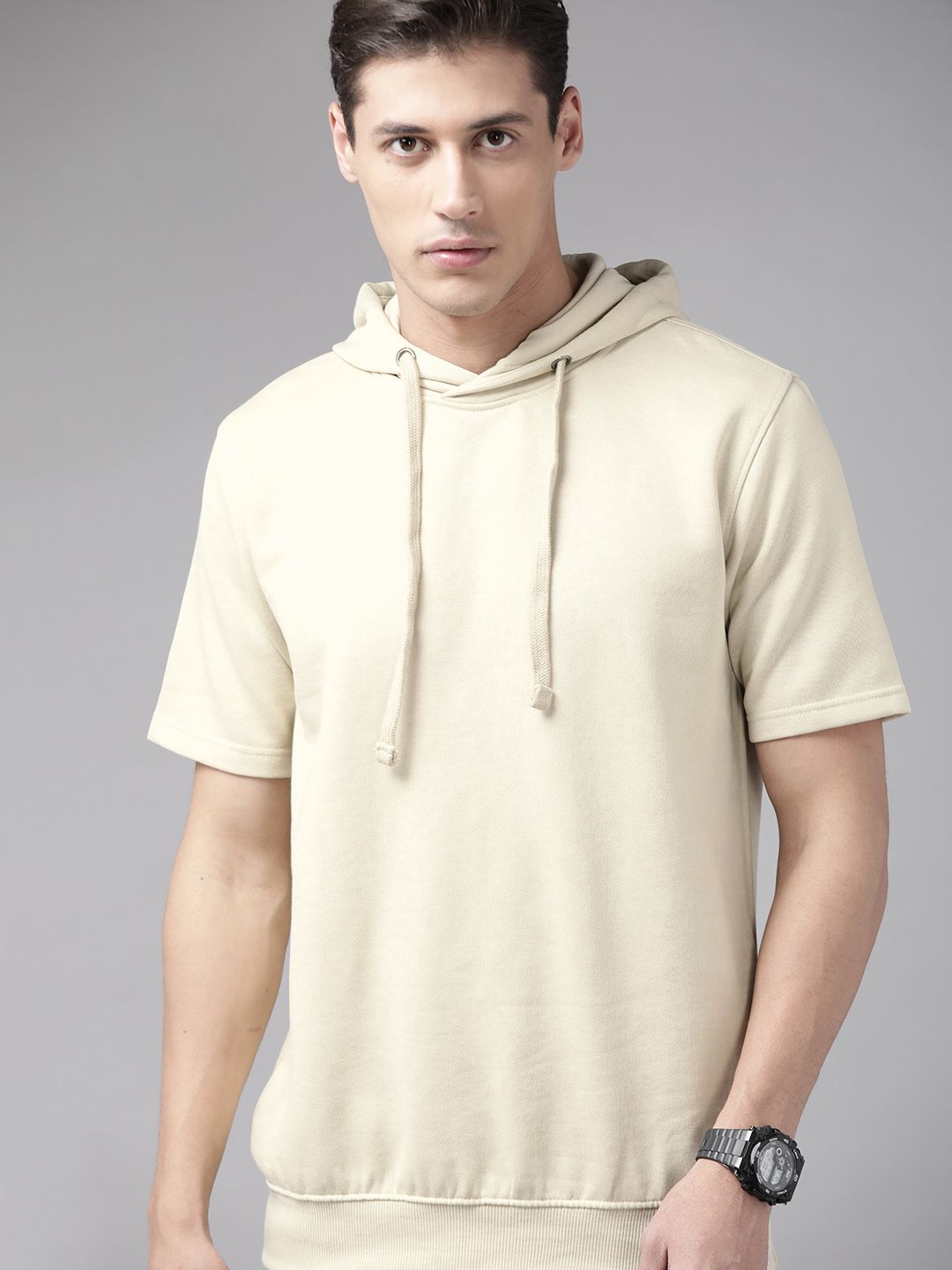 Roadster Men Cream-Coloured Solid Hooded Sweatshirt-picture-10