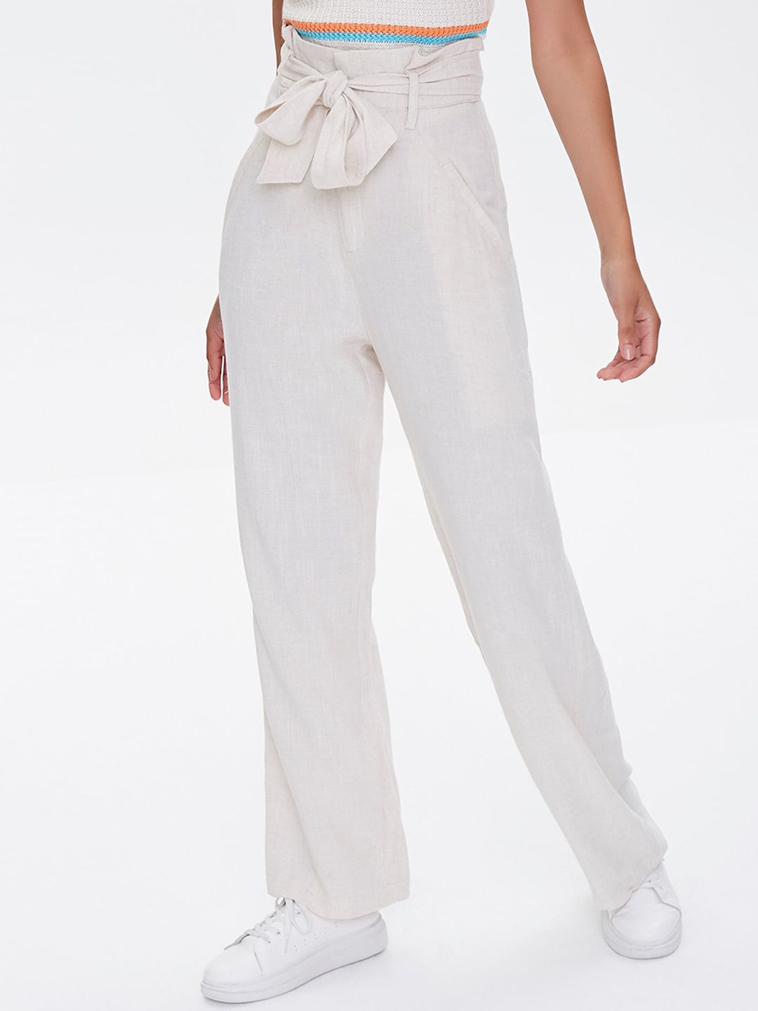 FOREVER 21 Women Off White Solid High-Rise Peg Trousers
