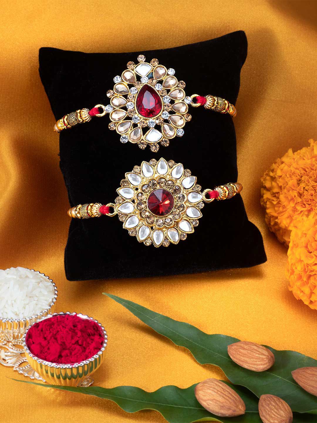 Peora Set Of 2 Red & Gold-Toned Kundan-Studded Rakhis With Roli Chawal-picture-15