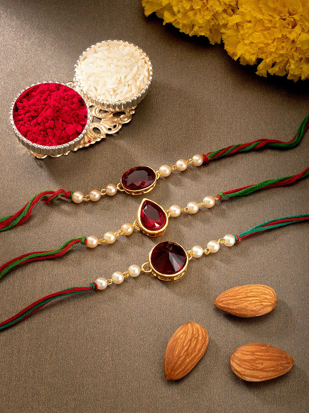 Peora Set of 3 Handmade Kundan Rakhi with Raksha Bandhan Greeting Card & Roli Chawal-picture-5