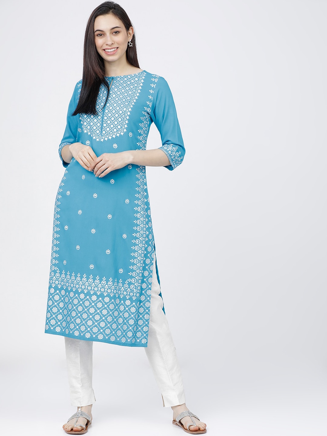 Vishudh Women Turquoise Blue & White Ethnic Motifs Printed Kurta