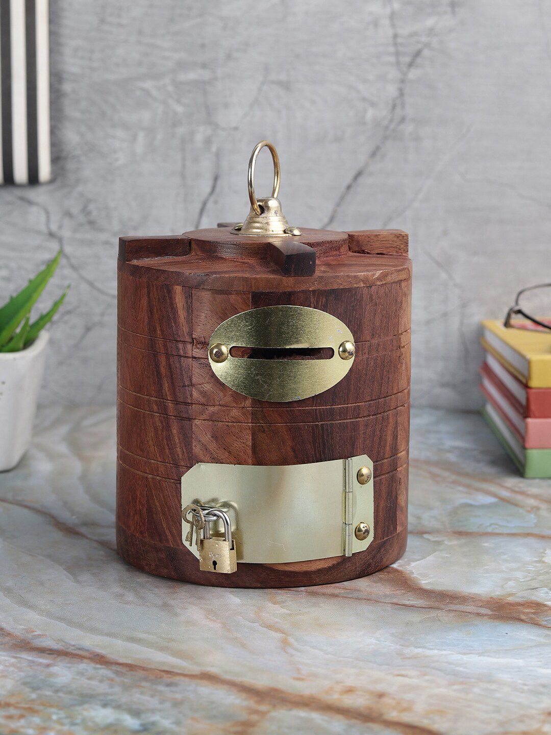 EXIM DECOR Brown Vintage Wooden Tank Piggy Bank Showpiece