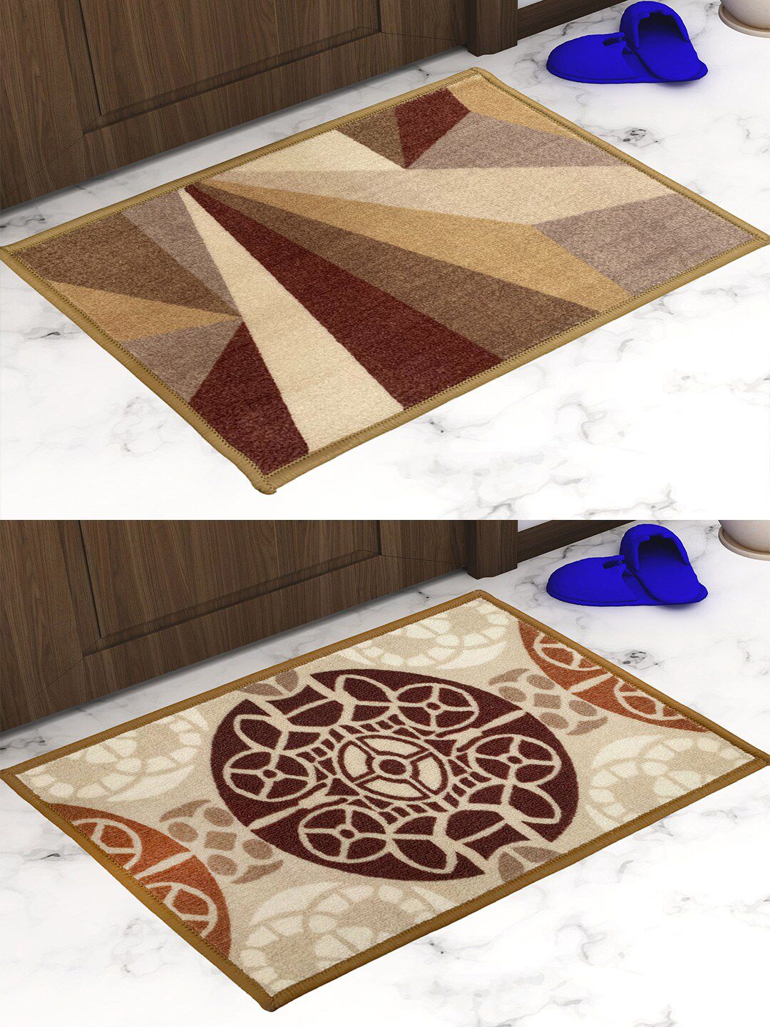 Athom Trendz Set of 2 Brown & Beige Printed Premium Anti Slip Doormats-picture-0