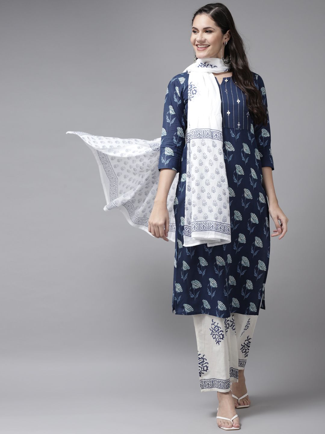 Yufta Women Blue & White Ethnic Motifs Printed Mirror Work Kurta with Palazzos & Dupatta-picture-38