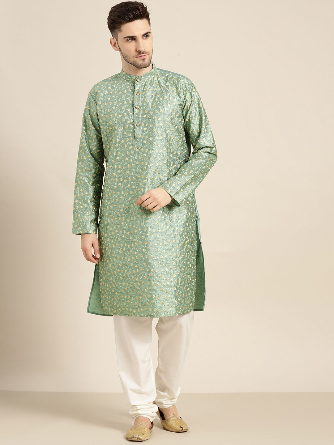 SOJANYA Men Green & Gold-Toned Floral Kurta-picture-34