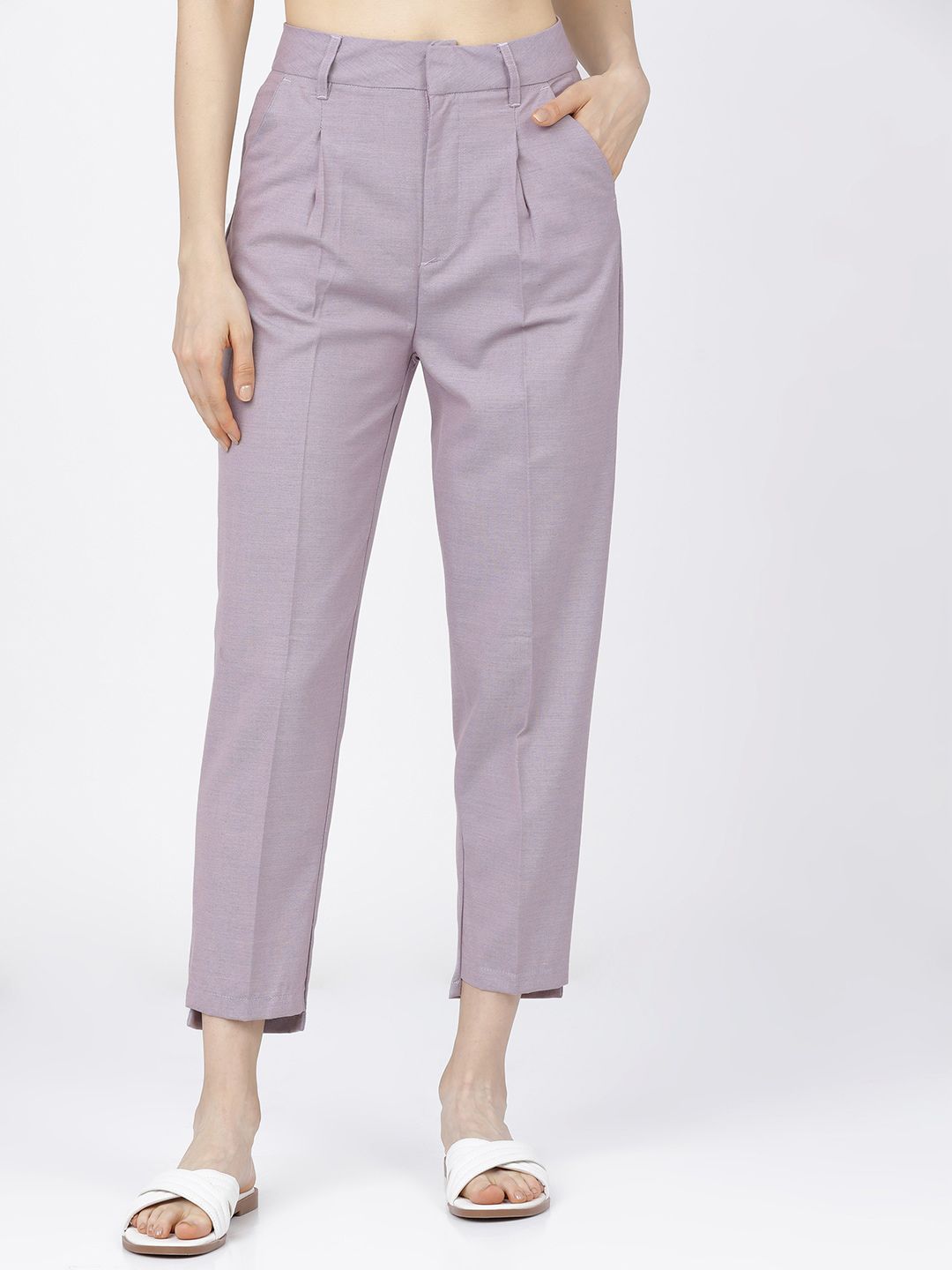 Tokyo Talkies Women Lavender Tapered Fit High-Rise Pleated Trousers