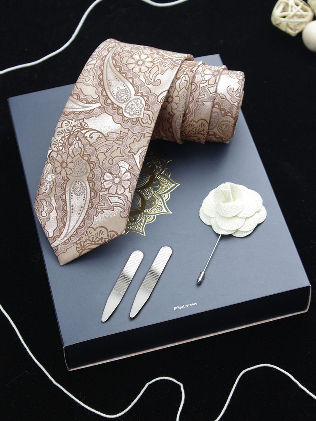 PELUCHE Men Beige Woven Design Broad Tie Gift Set-picture-17