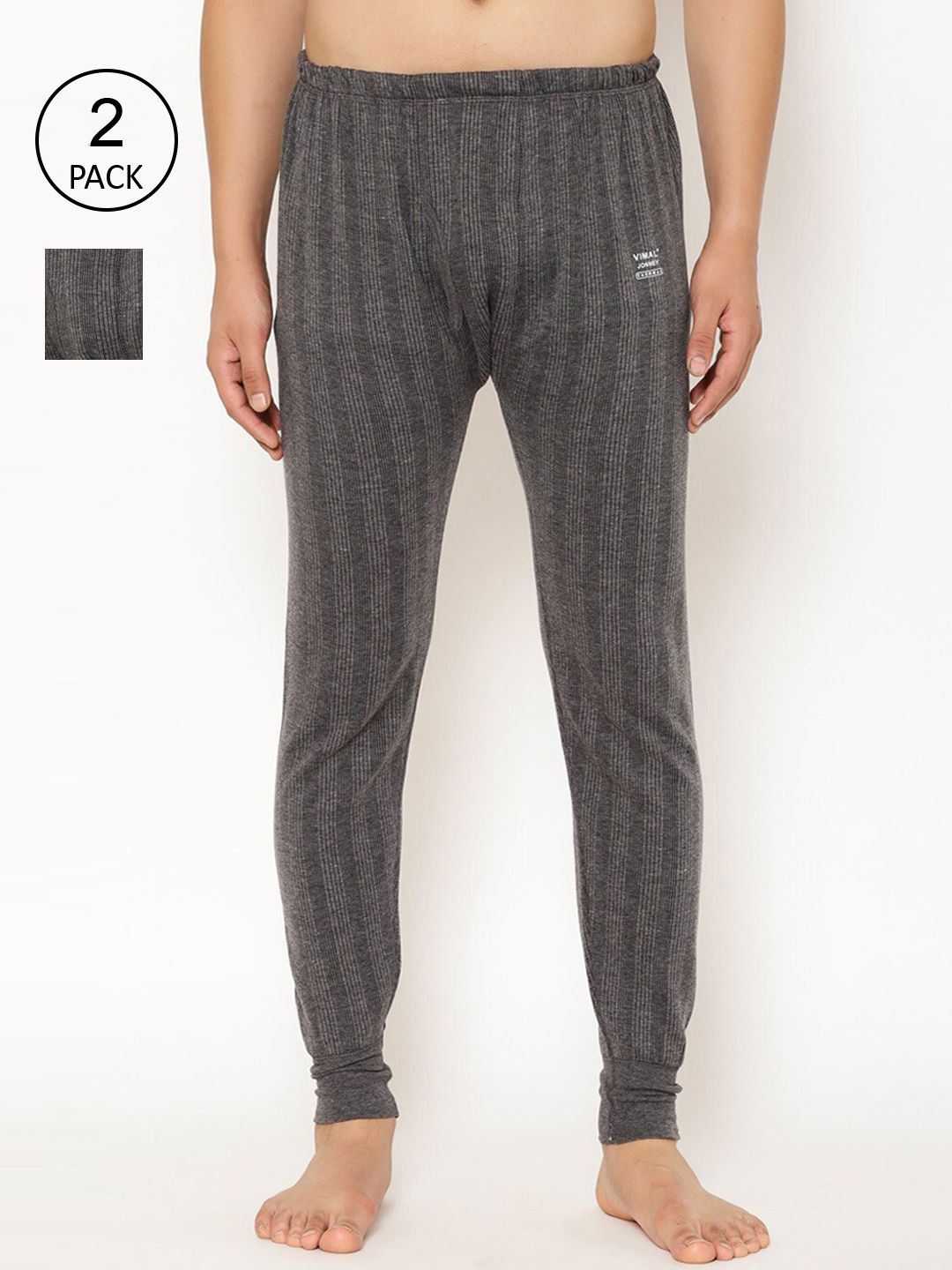 mack jonney VIMAL JONNEY Men Pack Of 2 Charcoal Grey Striped Thermal Bottoms-picture-12