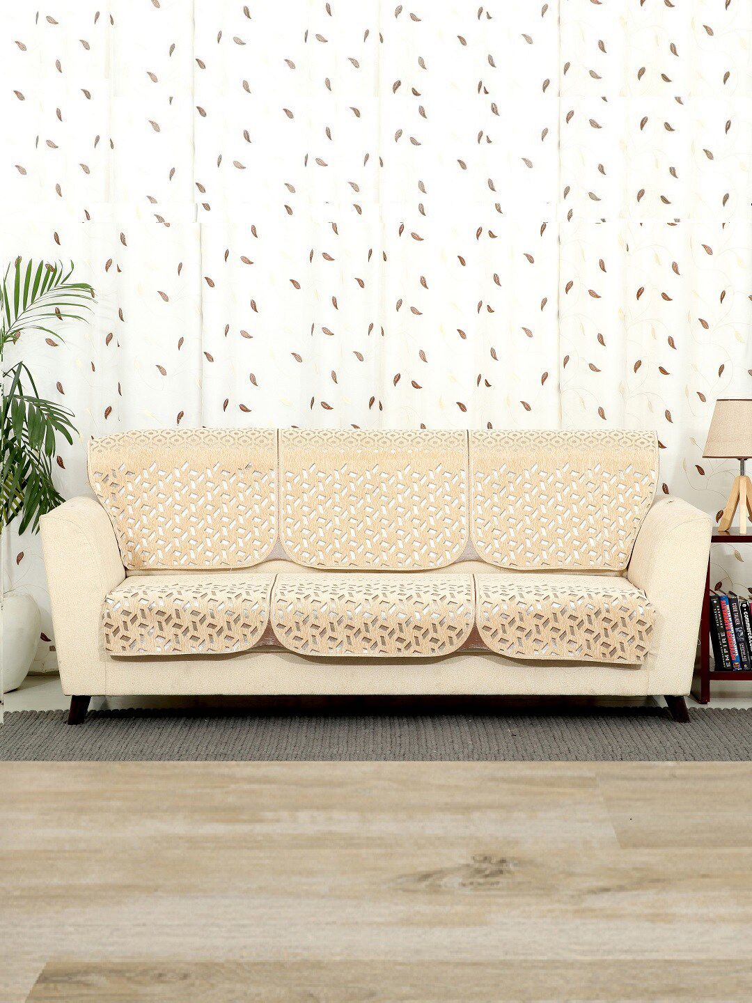 BELLA TRUE Set Of 6 Cream-Coloured Patterned Chennile 5-Seater Sofa Cover-picture-29