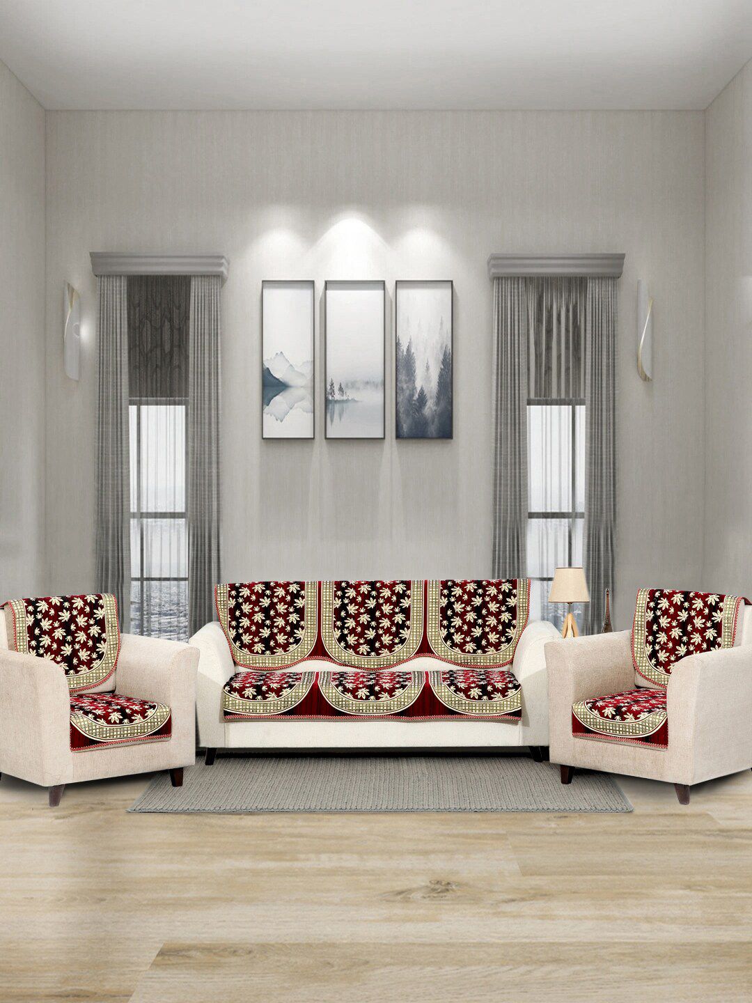 BELLA TRUE Set Of 6 Maroon & Beige Floral Printed 5-Seater Sofa Covers-image-32