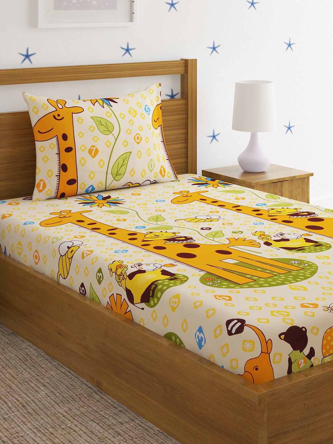 HOSTA HOMES Beige & Yellow Graphic 220 TC Single Bedsheet with 1 Pillow Covers-image-40