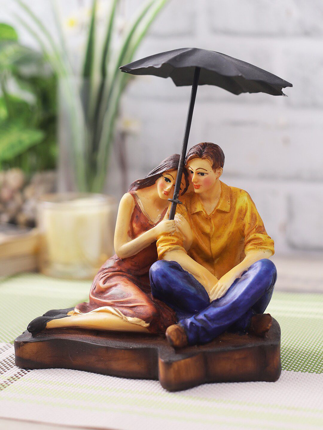 CraftVatika Brown & Yellow Romantic Love Couple Under Umbrella Showpiece-image-43