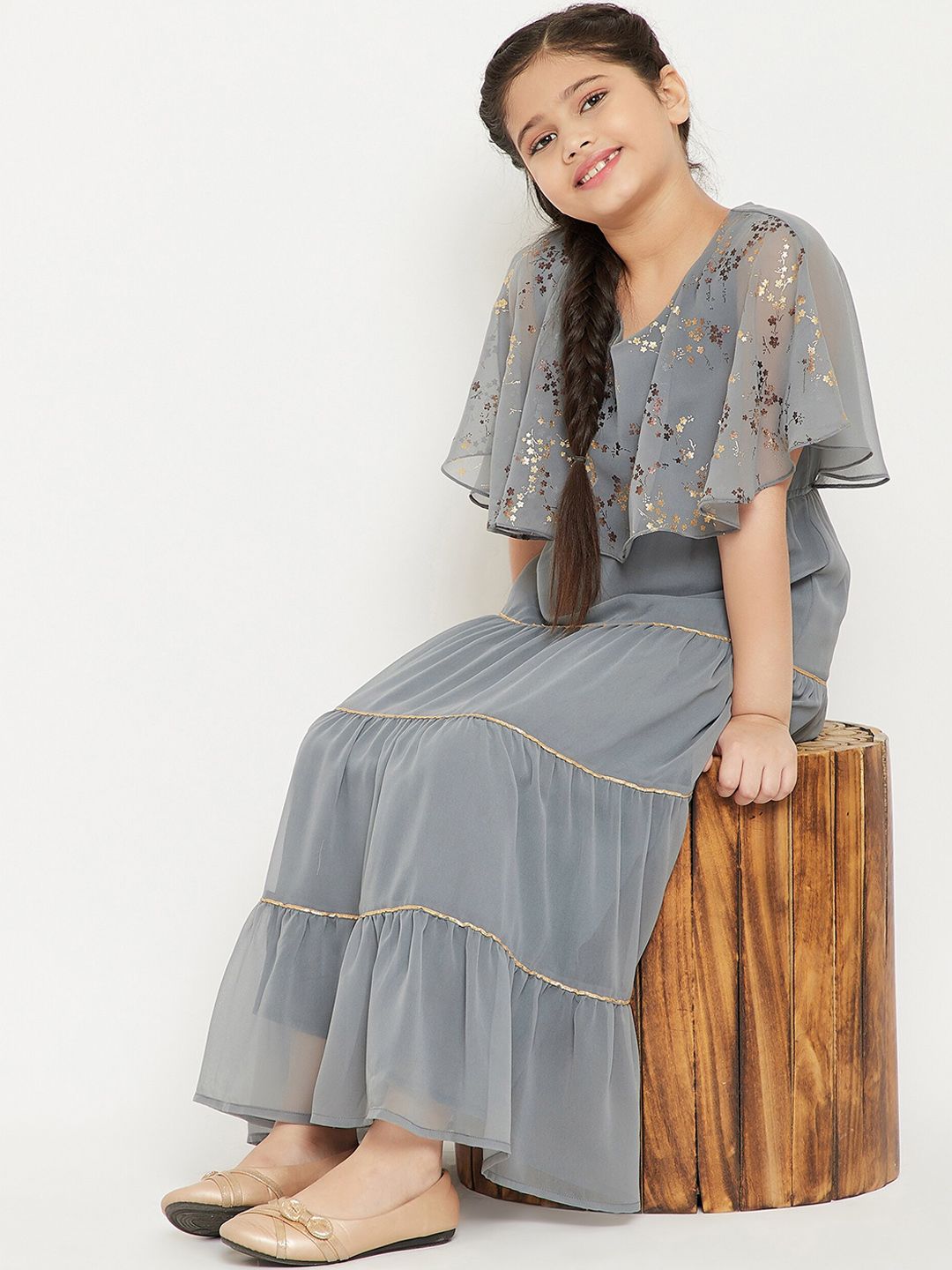 Stylo Bug Grey & Gold-Toned Floral Georgette Maxi Dress-image-44