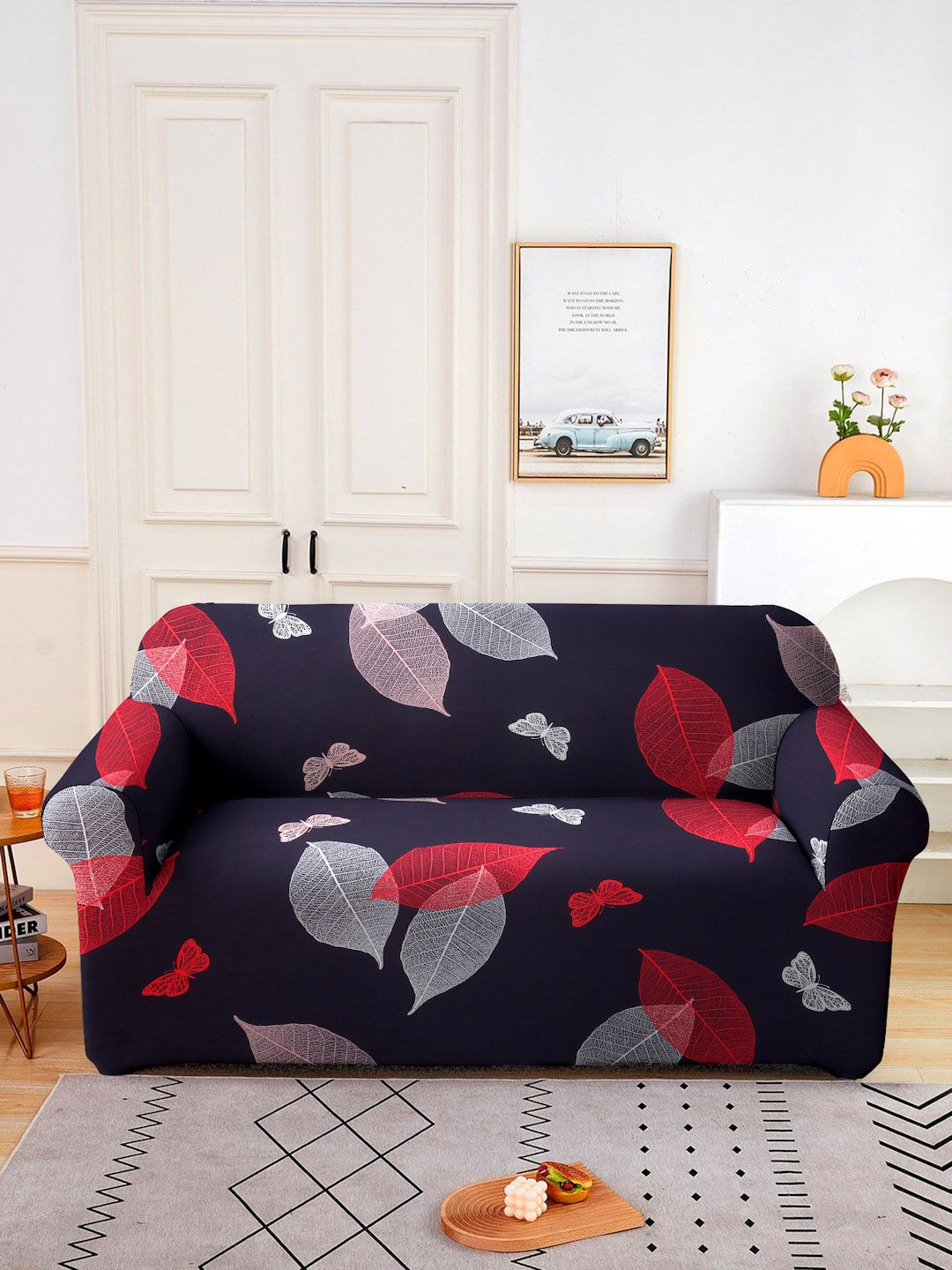 Cortina Black & Red Printed 2-Seater Stretchable Non-Slip Sofa Slipcover-image-47