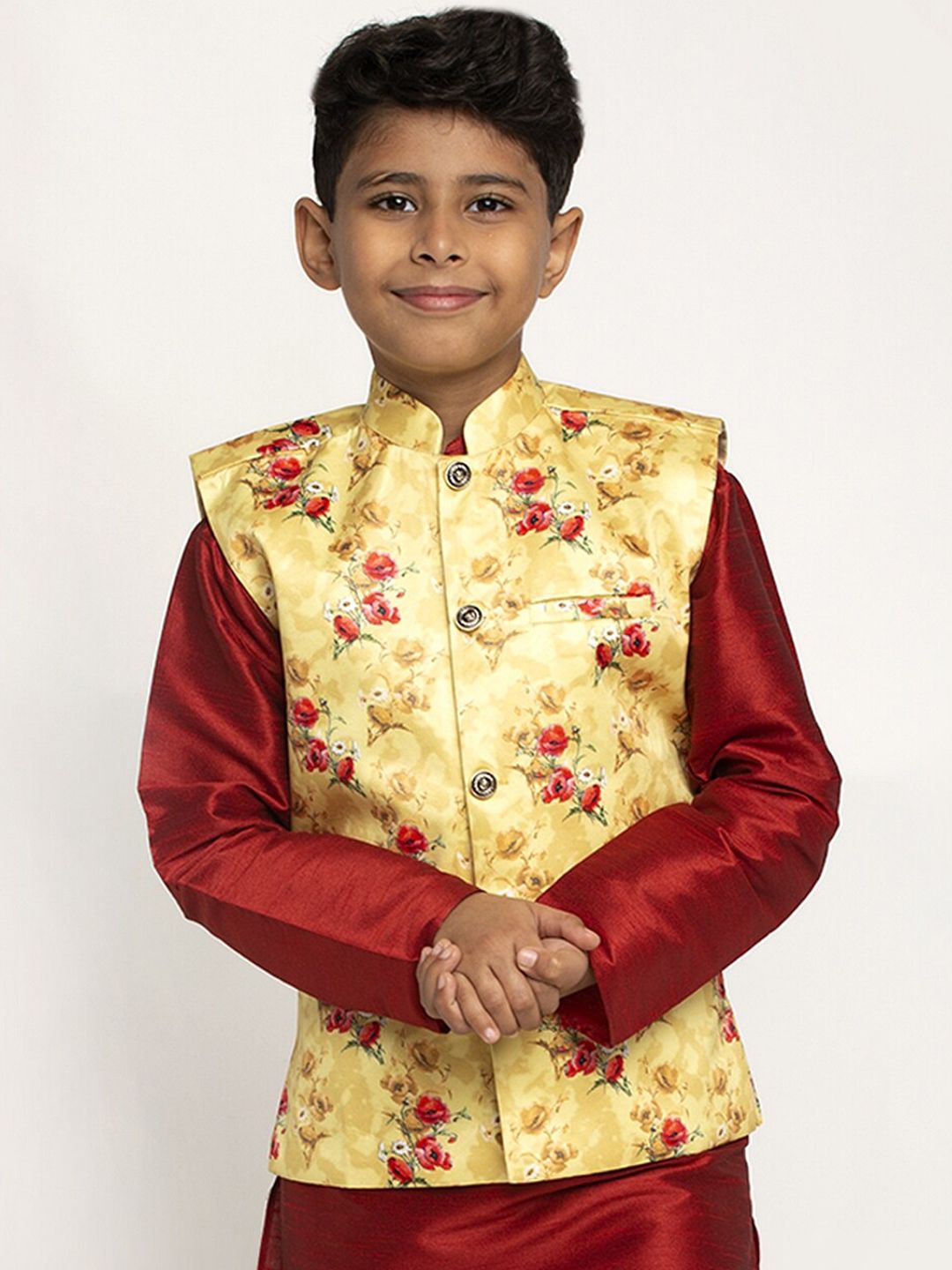 KRAFT INDIA Boys Yellow & Pink Printed Satin Nehru Jacket-picture-23
