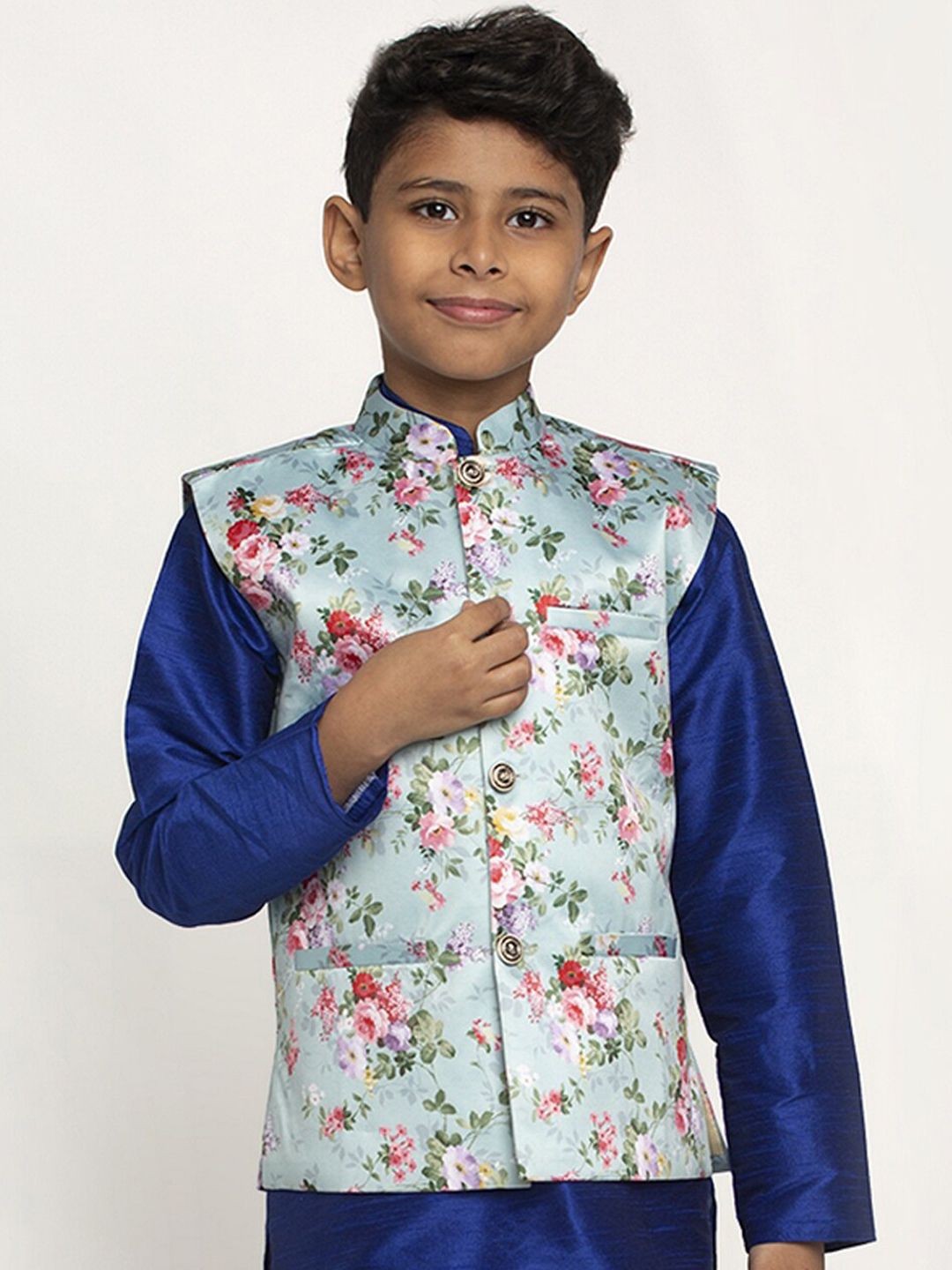 KRAFT INDIA Boys Blue & Pink Printed Satin Nehru Jacket-image-43