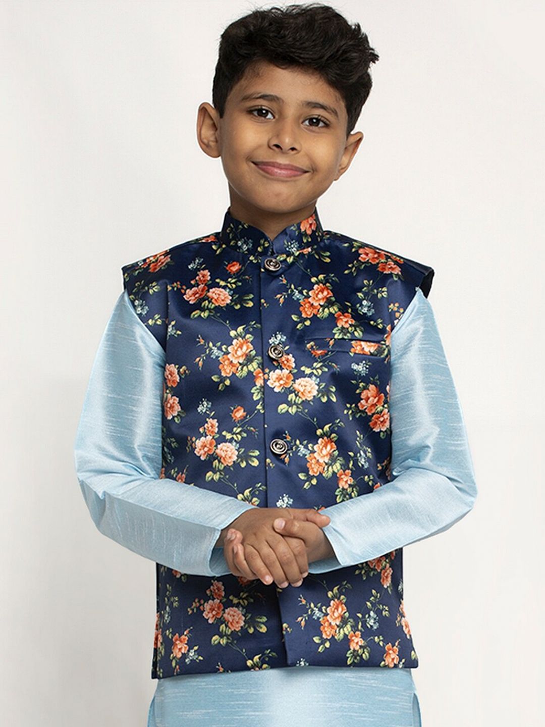KRAFT INDIA Boys Navy Blue & Orange Printed Satin Nehru Jacket-image-2