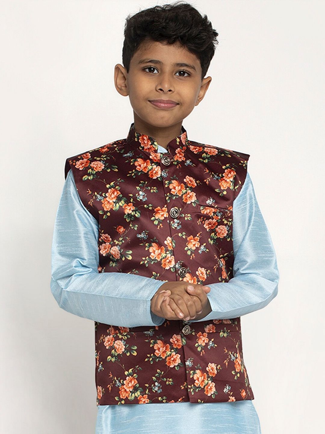 KRAFT INDIA Boys Maroon & Orange Printed Satin Nehru Jacket-picture-16