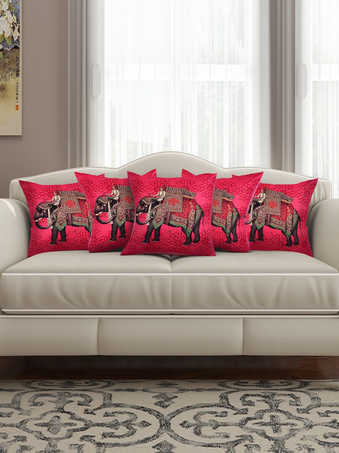 SEJ by Nisha Gupta Pink Set of 5 Printed 16" x 16" Square Cushion Covers-picture-51