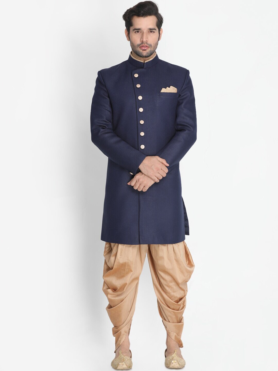 VASTRAMAY Men Navy Blue & Gold-Coloured Slim-Fit Sherwani Set
