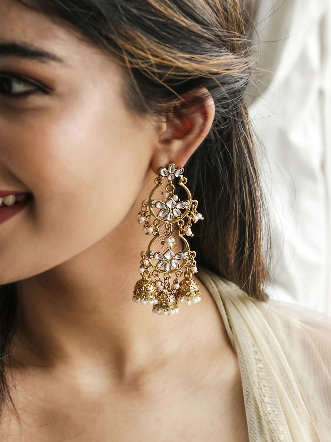Fida Gold Plated White Contemporary Jhumkas Earrings