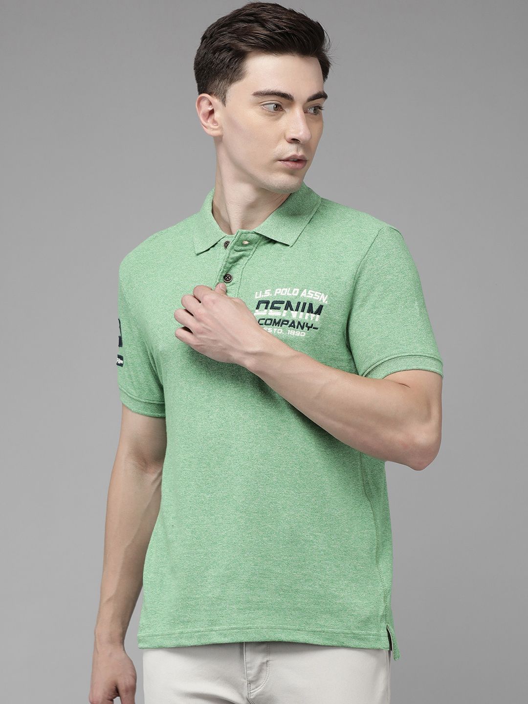 U S Polo Assn Denim Co Men Green Polo Collar T-shirt with Printed Detail