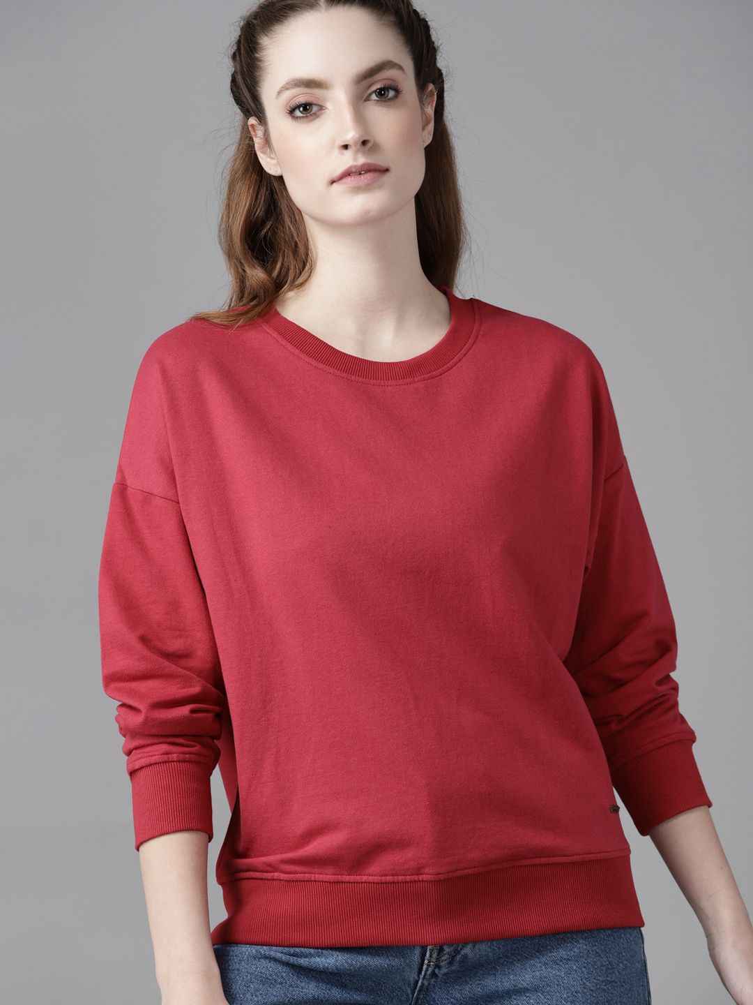 Roadster Women Red Drop-Shoulder Sleeves Solid Sweatshirt-picture-28