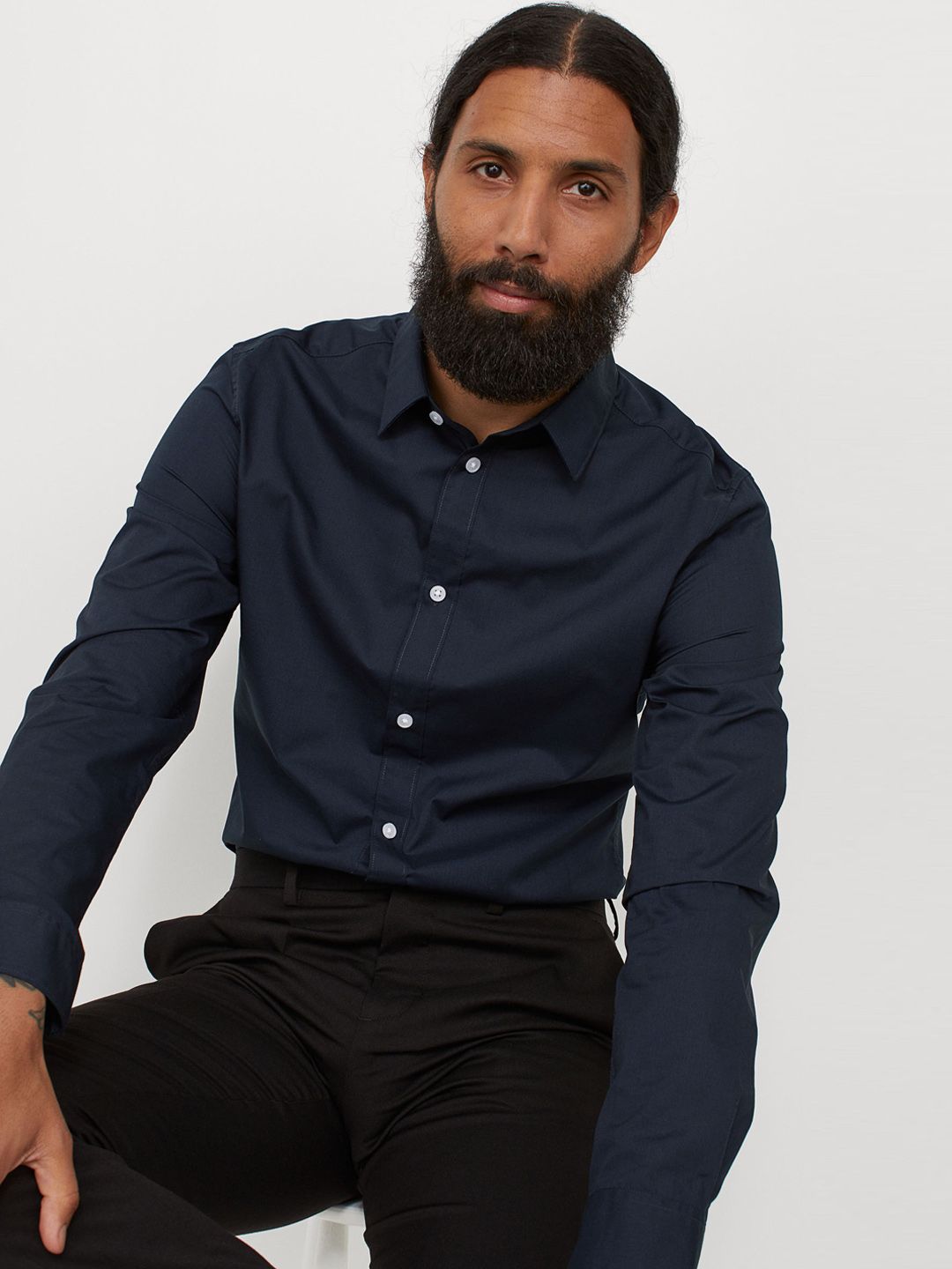 H&M Men Navy Blue Slim Fit Easy-Iron Shirt