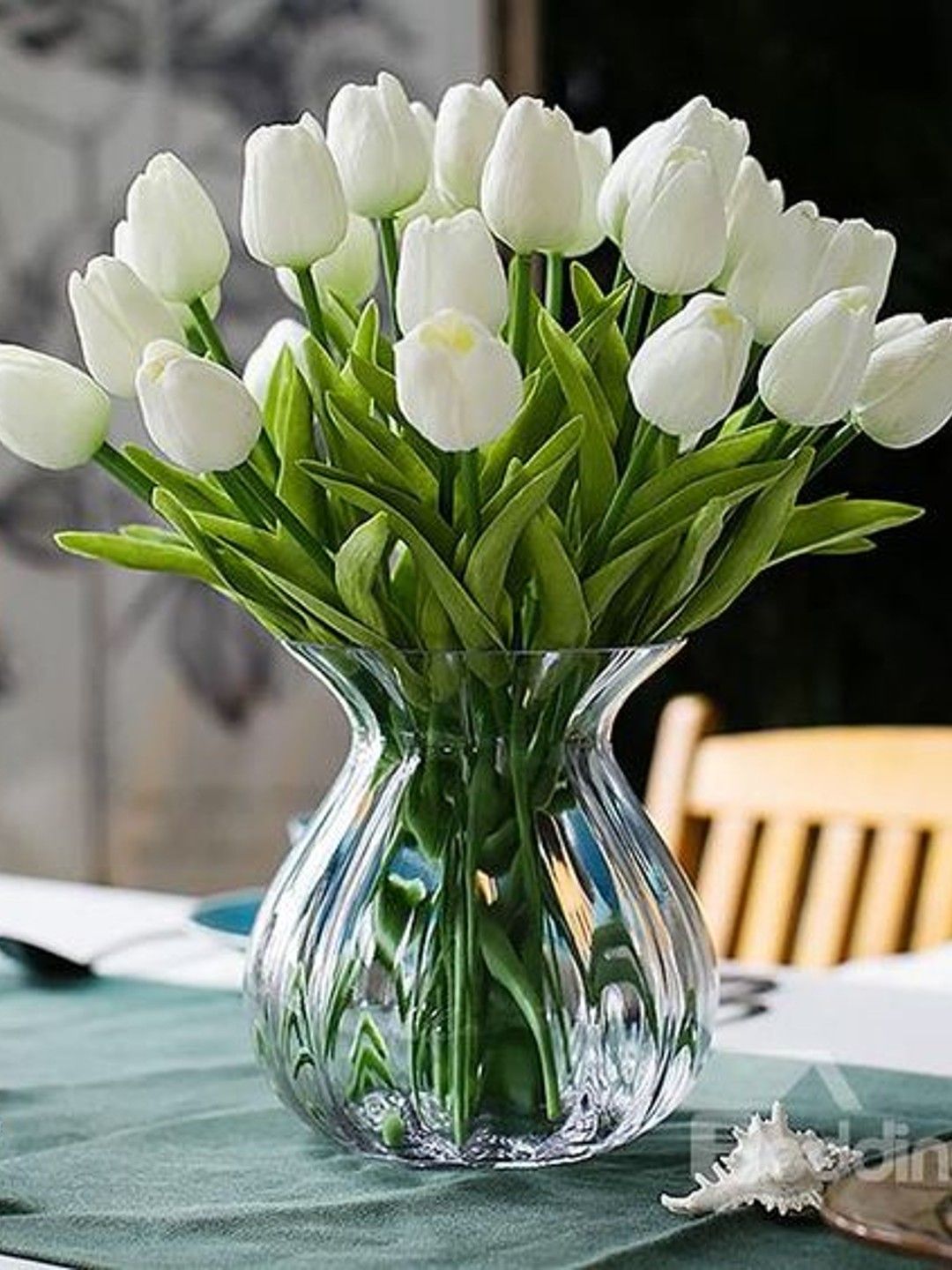TIED RIBBONS Off White & Green Set Of 5 Artificial Tulip Flowers Sticks